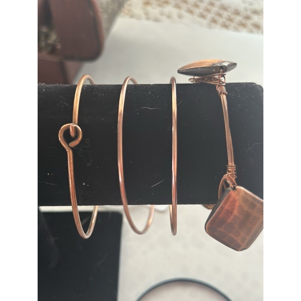Copper Bangle Bracelet Bundle Boho Stack Set Wire Wrapped Stone Rustic Artisan